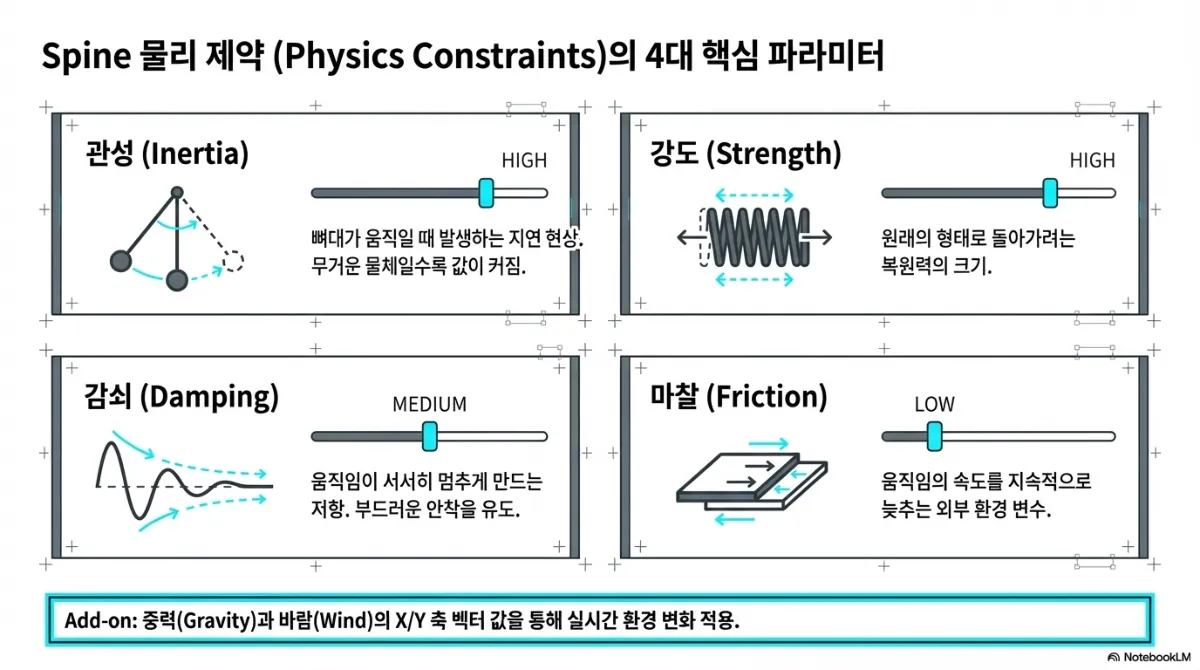 Spine 물리 제약의 4대 핵심 파라미터. 관성(Inertia) — 뼈대가 움직일 때 발생하는 지연 현상으로 무거운 물체일수록 값이 커진다. 강도(Strength) — 원래의 형태로 돌아가려는 복원력의 크기. 감쇠(Damping) — 움직임이 서서히 멈추게 만드는 저항으로 부드러운 안착을 유도한다. 마찰(Friction) — 움직임의 속도를 지속적으로 늦추는 외부 환경 변수. 추가로 중력과 바람의 X/Y 축 벡터 값을 통해 실시간 환경 변화를 적용할 수 있다