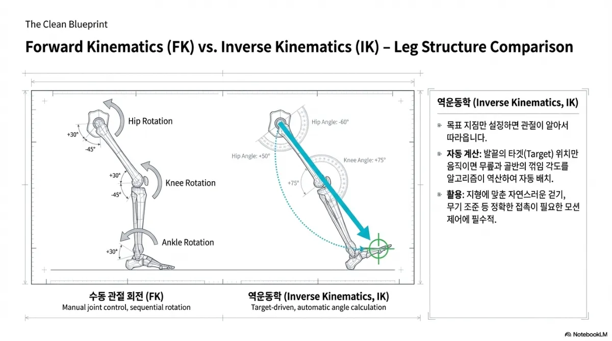 Forward Kinematics 와 Inverse Kinematics 비교 슬라이드. 왼쪽 수동 관절 회전(FK)은 엉덩이·무릎·발목을 순차적으로 회전시켜야 한다. 오른쪽 역운동학(IK)은 목표 지점만 설정하면 관절이 알아서 따라오며, 발끝의 타겟 위치만 움직이면 무릎과 골반의 꺾임 각도를 알고리즘이 역산해 자동 배치한다. 지형에 맞춘 자연스러운 걷기나 무기 조준 등 정확한 접촉이 필요한 모션 제어에 필수적이라는 설명