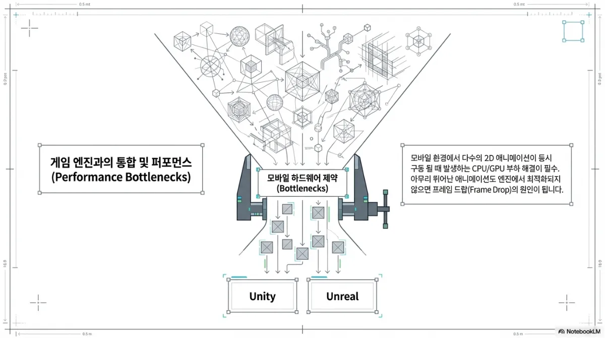 게임 엔진과의 통합 및 퍼포먼스 병목 슬라이드. 수많은 에셋이 깔때기를 통해 모바일 하드웨어 제약이라는 압착기를 지나 Unity 와 Unreal 로 내려가는 도식. 모바일 환경에서 다수의 2D 애니메이션이 동시 구동될 때 발생하는 CPU/GPU 부하 해결이 필수이며, 아무리 뛰어난 애니메이션도 엔진에서 최적화되지 않으면 프레임 드랍의 원인이 된다는 설명