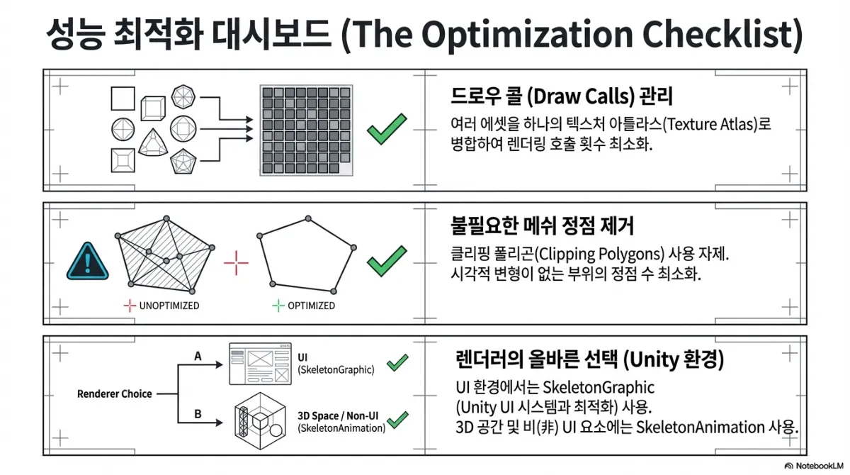 성능 최적화 체크리스트. 드로우 콜 관리 — 여러 에셋을 하나의 텍스처 아틀라스로 병합하여 렌더링 호출 횟수를 최소화한다. 불필요한 메쉬 정점 제거 — 클리핑 폴리곤 사용을 자제하고 시각적 변형이 없는 부위의 정점 수를 최소화한다. 렌더러의 올바른 선택(Unity 환경) — UI 환경에서는 SkeletonGraphic, 3D 공간 및 비UI 요소에는 SkeletonAnimation 을 사용한다