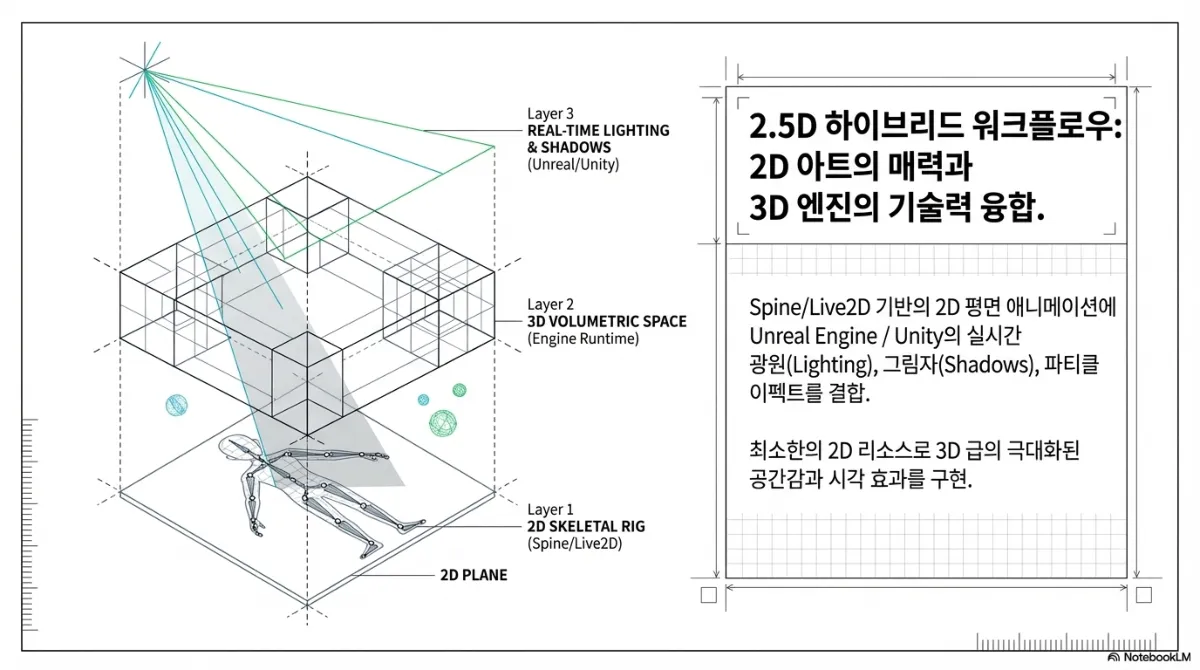 2.5D 하이브리드 워크플로우 도식. Layer 1 은 2D 스켈레탈 리그(Spine/Live2D)가 놓인 2D 평면, Layer 2 는 3D 볼류메트릭 공간(엔진 런타임), Layer 3 는 실시간 광원과 그림자(Unreal/Unity). 2D 평면 애니메이션에 실시간 조명·그림자·파티클 이펙트를 결합해 최소한의 2D 리소스로 3D급 공간감과 시각 효과를 구현한다는 설명