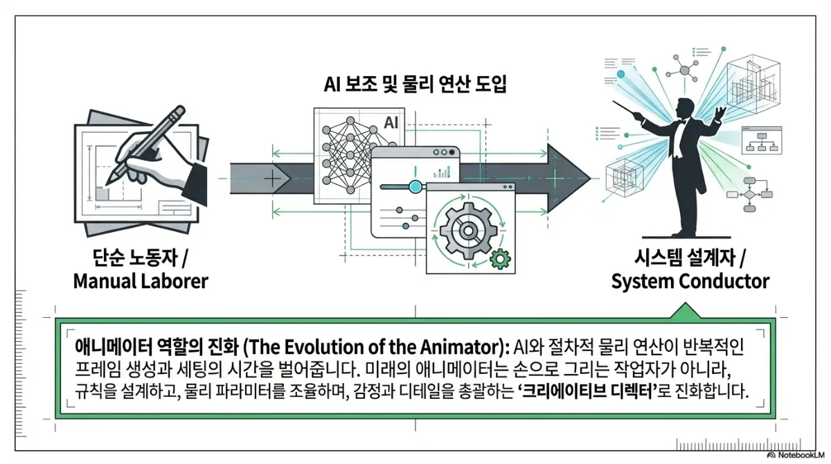 애니메이터 역할의 진화 도식. 단순 노동자(Manual Laborer)에서 AI 보조 및 물리 연산 도입을 거쳐 시스템 설계자(System Conductor)로 이동하는 화살표. AI와 절차적 물리 연산이 반복적인 프레임 생성과 세팅의 시간을 벌어 주며, 미래의 애니메이터는 손으로 그리는 작업자가 아니라 규칙을 설계하고 물리 파라미터를 조율하며 감정과 디테일을 총괄하는 크리에이티브 디렉터로 진화한다는 설명
