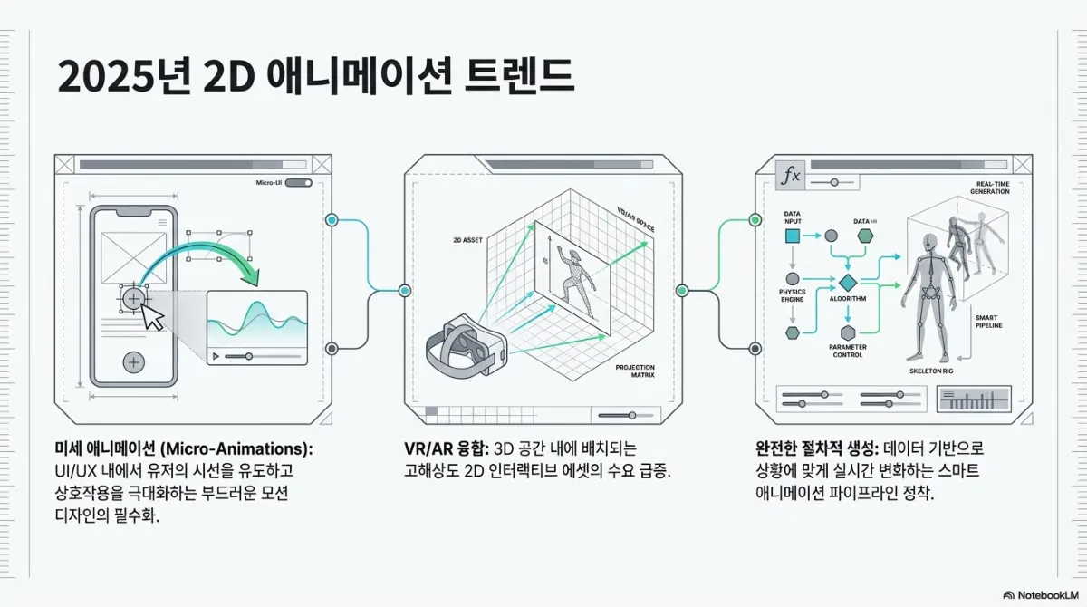 2D 애니메이션 트렌드 세 가지. 미세 애니메이션(Micro-Animations) — UI/UX 내에서 유저의 시선을 유도하고 상호작용을 극대화하는 부드러운 모션 디자인의 필수화. VR/AR 융합 — 3D 공간 내에 배치되는 고해상도 2D 인터랙티브 에셋의 수요 급증. 완전한 절차적 생성 — 데이터 기반으로 상황에 맞게 실시간 변화하는 스마트 애니메이션 파이프라인 정착