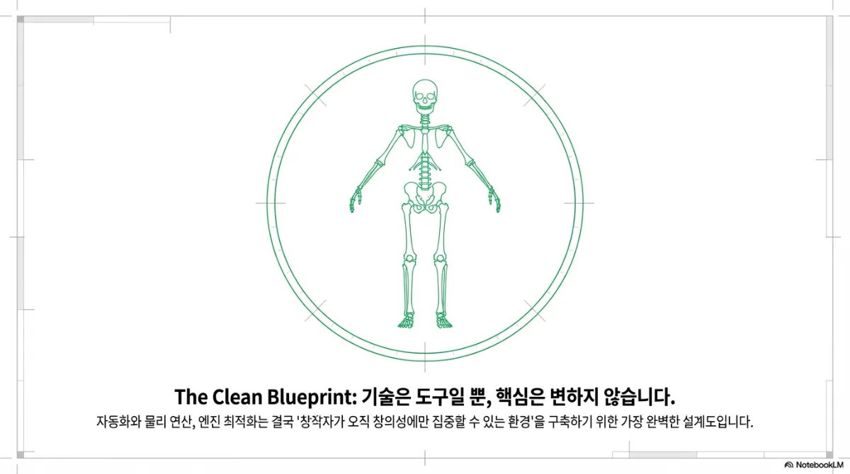 마무리 슬라이드. 선으로 그린 골격 그림과 함께, 기술은 도구일 뿐 핵심은 변하지 않는다는 문구. 자동화와 물리 연산, 엔진 최적화는 결국 창작자가 오직 창의성에만 집중할 수 있는 환경을 구축하기 위한 설계도라는 설명