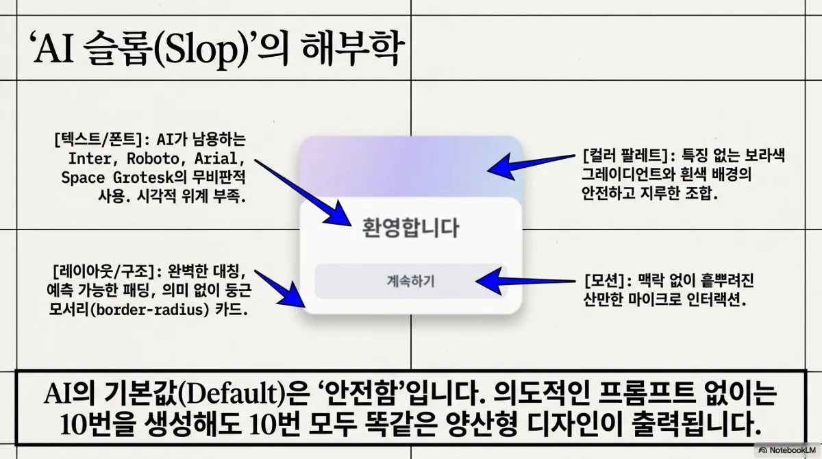 AI 슬롭(Slop)의 해부학 슬라이드. 가운데 보라색 그라데이션 머리 부분과 "환영합니다" 문구, "계속하기" 버튼이 있는 둥근 카드에 네 개의 화살표가 가리킨다. 텍스트/폰트는 AI가 남용하는 Inter, Roboto, Arial, Space Grotesk의 무비판적 사용으로 시각적 위계 부족. 컬러 팔레트는 특징 없는 보라색 그라데이션과 흰색 배경의 안전하고 지루한 조합. 레이아웃/구조는 완벽한 대칭, 예측 가능한 패딩, 의미 없이 둥근 모서리(border-radius) 카드. 모션은 맥락 없이 흩뿌려진 산만한 마이크로 인터랙션. 아래 문장은 AI의 기본값(Default)은 안전함이며 의도적인 프롬프트 없이는 10번을 생성해도 10번 모두 똑같은 양산형 디자인이 출력된다는 것