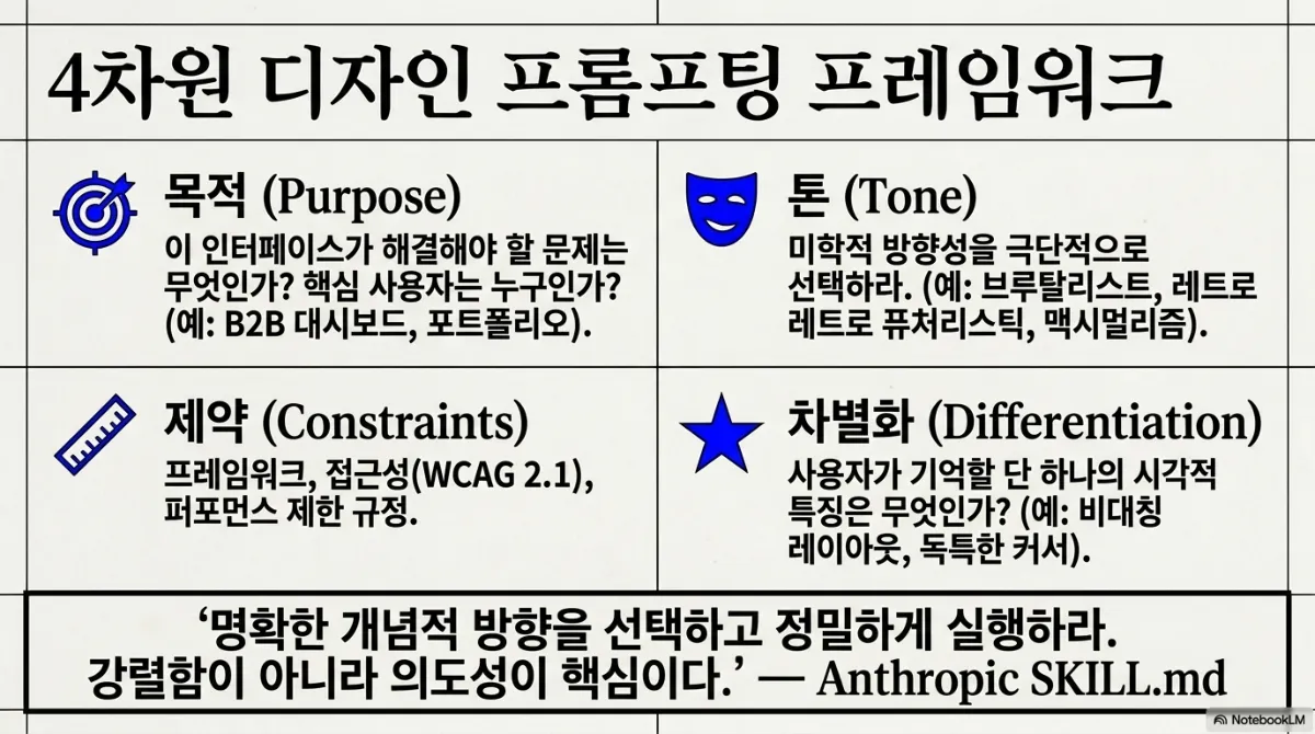 4차원 디자인 프롬프팅 프레임워크 네 칸 슬라이드. 목적(Purpose)은 이 인터페이스가 해결해야 할 문제는 무엇이고 핵심 사용자는 누구인가(예: B2B 대시보드, 포트폴리오). 톤(Tone)은 미학적 방향성을 극단적으로 선택하라(예: 브루탈리스트, 레트로 퓨처리스틱, 맥시멀리즘). 제약(Constraints)은 프레임워크, 접근성(WCAG 2.1), 퍼포먼스 제한 규정. 차별화(Differentiation)는 사용자가 기억할 단 하나의 시각적 특징은 무엇인가(예: 비대칭 레이아웃, 독특한 커서). 아래 인용은 명확한 개념적 방향을 선택하고 정밀하게 실행하라, 강렬함이 아니라 의도성이 핵심이라는 Anthropic SKILL.md의 문장