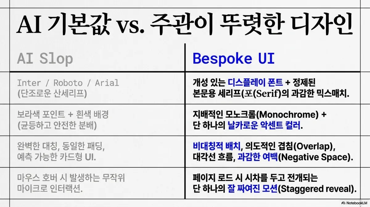 AI 기본값 vs 주관이 뚜렷한 디자인 비교표. AI Slop 쪽은 Inter/Roboto/Arial(단조로운 산세리프), 보라색 포인트 + 흰색 배경(균등하고 안전한 분배), 완벽한 대칭과 동일한 패딩과 예측 가능한 카드형 UI, 마우스 호버 시 발생하는 무작위 마이크로 인터랙션. Bespoke UI 쪽은 개성 있는 디스플레이 폰트 + 정제된 본문용 세리프의 과감한 믹스매치, 지배적인 모노크롬 + 단 하나의 날카로운 악센트 컬러, 비대칭적 배치·의도적인 겹침(Overlap)·대각선 흐름·과감한 여백(Negative Space), 페이지 로드 시 시차를 두고 전개되는 단 하나의 잘 짜여진 모션(Staggered reveal)