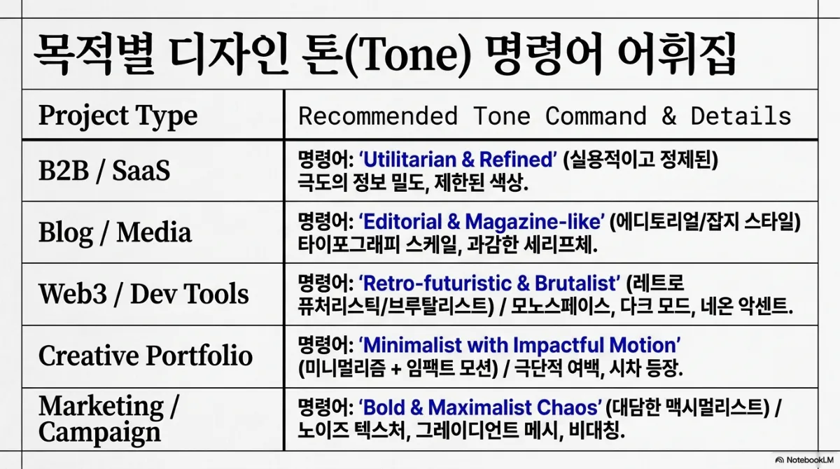 목적별 디자인 톤(Tone) 명령어 어휘집 표. B2B/SaaS는 Utilitarian & Refined(실용적이고 정제된), 극도의 정보 밀도와 제한된 색상. Blog/Media는 Editorial & Magazine-like(에디토리얼/잡지 스타일), 타이포그래피 스케일과 과감한 세리프체. Web3/Dev Tools는 Retro-futuristic & Brutalist(레트로 퓨처리스틱/브루탈리스트), 모노스페이스·다크 모드·네온 악센트. Creative Portfolio는 Minimalist with Impactful Motion(미니멀리즘 + 임팩트 모션), 극단적 여백과 시차 등장. Marketing/Campaign은 Bold & Maximalist Chaos(대담한 맥시멀리스트), 노이즈 텍스처·그라데이션 메시·비대칭