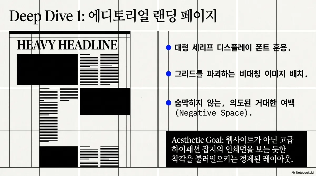 Deep Dive 1 에디토리얼 랜딩 페이지 슬라이드. 왼쪽은 HEAVY HEADLINE 제목 아래 크기가 다른 검은 이미지 블록과 텍스트 단이 비대칭으로 배치된 잡지형 와이어프레임. 오른쪽은 대형 세리프 디스플레이 폰트 혼용, 그리드를 깨는 비대칭 이미지 배치, 숨막히지 않는 의도된 거대한 여백(Negative Space). 미학적 목표는 웹사이트가 아닌 고급 하이패션 잡지의 인쇄면을 보는 듯한 착각을 불러일으키는 정제된 레이아웃