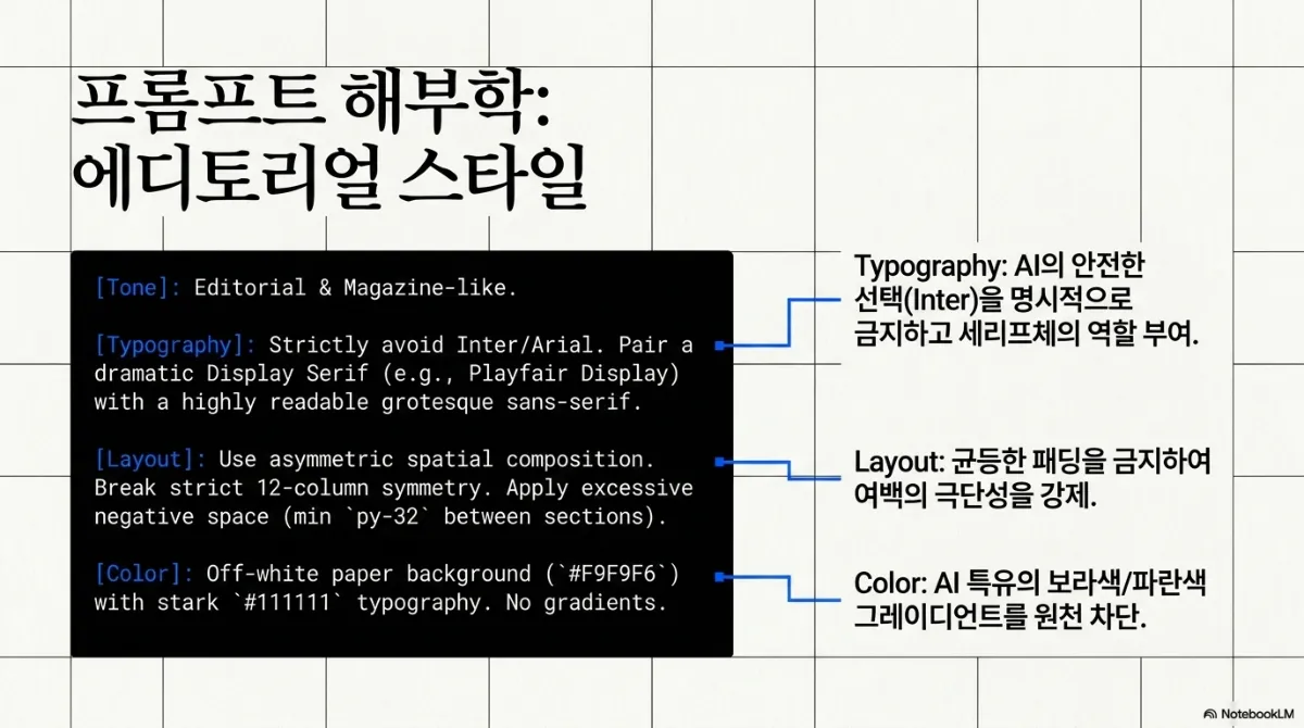 프롬프트 해부학 에디토리얼 스타일 슬라이드. 검은 코드 박스에 영문 프롬프트로 Tone은 Editorial & Magazine-like, Typography는 Inter/Arial을 엄격히 피하고 Playfair Display 같은 드라마틱한 디스플레이 세리프를 가독성 높은 그로테스크 산세리프와 짝지을 것, Layout은 비대칭 공간 구성으로 12컬럼 대칭을 깨고 섹션 사이에 최소 py-32의 과도한 여백을 적용할 것, Color는 오프화이트 종이 배경(#F9F9F6)에 짙은 #111111 글자, 그라데이션 금지. 오른쪽 주석은 Typography에서 AI의 안전한 선택(Inter)을 명시적으로 금지하고 세리프체의 역할 부여, Layout에서 균등한 패딩을 금지하여 여백의 극단성 강제, Color에서 AI 특유의 보라색/파란색 그라데이션을 원천 차단