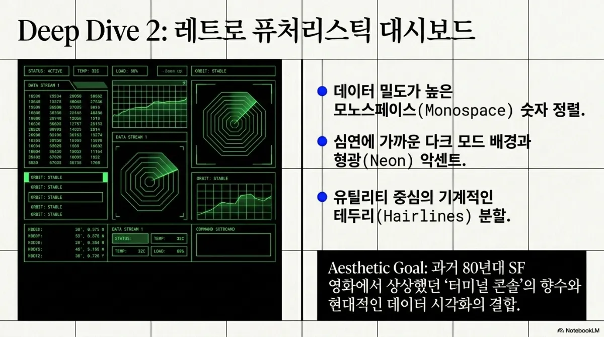 Deep Dive 2 레트로 퓨처리스틱 대시보드 슬라이드. 왼쪽은 검은 배경에 초록색 선으로 데이터 스트림 숫자 표, 레이더 도형, 선 그래프 패널이 격자로 나뉜 터미널 스타일 대시보드. 오른쪽은 데이터 밀도가 높은 모노스페이스 숫자 정렬, 심연에 가까운 다크 모드 배경과 형광(Neon) 악센트, 유틸리티 중심의 기계적인 테두리(Hairlines) 분할. 미학적 목표는 80년대 SF 영화에서 상상했던 터미널 콘솔의 향수와 현대적인 데이터 시각화의 결합