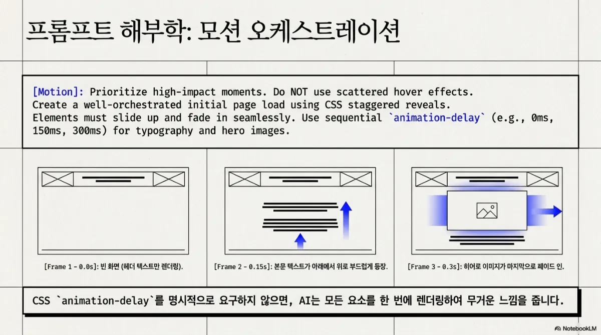 프롬프트 해부학 모션 오케스트레이션 슬라이드. 영문 프롬프트는 임팩트 있는 순간을 우선하고 흩어진 호버 효과를 쓰지 말 것, CSS staggered reveal로 잘 짜인 초기 페이지 로드를 만들 것, 요소는 부드럽게 위로 슬라이드하며 페이드 인하고 타이포그래피와 히어로 이미지에 0ms·150ms·300ms 같은 순차적 animation-delay를 쓸 것. 아래 세 프레임은 Frame 1(0.0s) 헤더 텍스트만 렌더링된 빈 화면, Frame 2(0.15s) 본문 텍스트가 아래에서 위로 부드럽게 등장, Frame 3(0.3s) 히어로 이미지가 마지막으로 페이드 인. 하단 문장은 CSS animation-delay를 명시적으로 요구하지 않으면 AI는 모든 요소를 한 번에 렌더링하여 무거운 느낌을 준다는 것