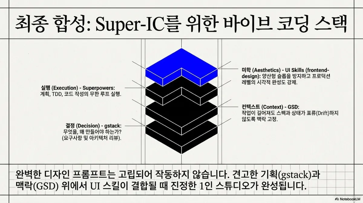 최종 합성 Super-IC를 위한 바이브 코딩 스택 도식. 네 층으로 쌓인 판에서 맨 위 파란 층은 미학(Aesthetics) - UI Skills(frontend-design)로 양산형 슬롭을 방지하고 프로덕션 수준의 시각적 완성도 강제, 그 아래 실행(Execution) - Superpowers는 계획·TDD·코드 작성의 루프 실행, 컨텍스트(Context) - GSD는 작업이 길어져도 스펙과 상태가 표류(Drift)하지 않도록 맥락 고정, 맨 아래 결정(Decision) - gstack은 무엇을 왜 만들어야 하는가(요구사항 및 아키텍처 리뷰). 하단 문장은 디자인 프롬프트는 고립되어 작동하지 않으며 견고한 기획(gstack)과 맥락(GSD) 위에서 UI 스킬이 결합될 때 1인 스튜디오가 완성된다는 것