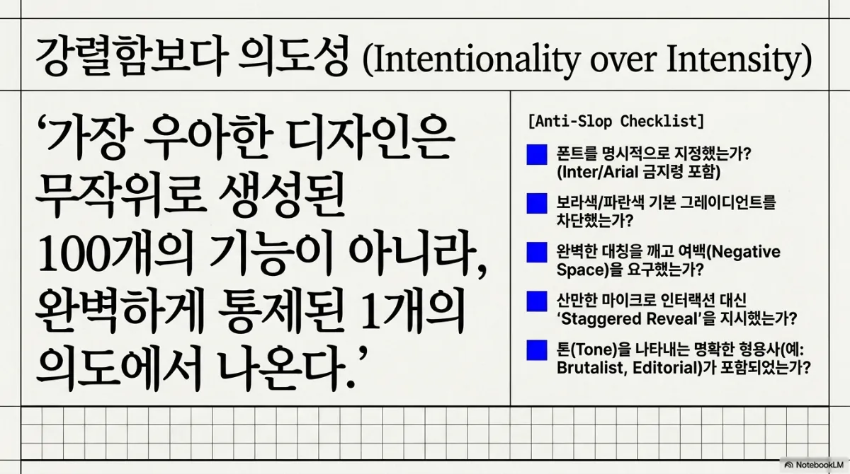 강렬함보다 의도성(Intentionality over Intensity) 마무리 슬라이드. 왼쪽 인용은 가장 우아한 디자인은 무작위로 생성된 100개의 기능이 아니라 통제된 1개의 의도에서 나온다는 문장. 오른쪽 Anti-Slop Checklist는 폰트를 명시적으로 지정했는가(Inter/Arial 금지령 포함), 보라색/파란색 기본 그라데이션을 차단했는가, 대칭을 깨고 여백(Negative Space)을 요구했는가, 산만한 마이크로 인터랙션 대신 Staggered Reveal을 지시했는가, 톤을 나타내는 명확한 형용사(예: Brutalist, Editorial)가 포함되었는가