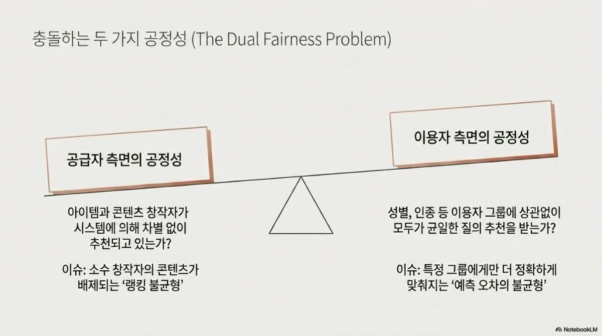 충돌하는 두 가지 공정성(The Dual Fairness Problem) 시소 도식. 공급자 측면의 공정성은 아이템과 콘텐츠 창작자가 시스템에 의해 차별 없이 추천되고 있는가를 묻고, 이슈는 소수 창작자의 콘텐츠가 배제되는 랭킹 불균형. 이용자 측면의 공정성은 성별·인종 등 이용자 그룹에 상관없이 모두가 균일한 질의 추천을 받는가를 묻고, 이슈는 특정 그룹에게만 더 정확하게 맞춰지는 예측 오차의 불균형
