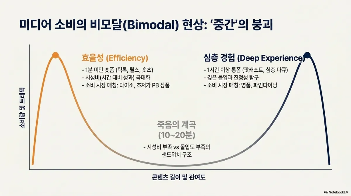 미디어 소비의 비모달 현상 중간의 붕괴 그래프. 가로축은 콘텐츠 길이 및 관여도, 세로축은 소비량 및 트래픽인 쌍봉 곡선. 왼쪽 봉우리 효율성(Efficiency)은 1분 미만 숏폼(틱톡, 릴스, 쇼츠), 시성비(시간 대비 성과) 극대화, 소비 시장 매칭은 다이소와 초저가 PB 상품. 오른쪽 봉우리 심층 경험(Deep Experience)은 1시간 이상 롱폼(팟캐스트, 심층 다큐), 깊은 몰입과 진정성 탐구, 소비 시장 매칭은 명품과 파인다이닝. 가운데 골짜기는 죽음의 계곡(10~20분)으로 시성비 부족과 몰입도 부족의 샌드위치 구조