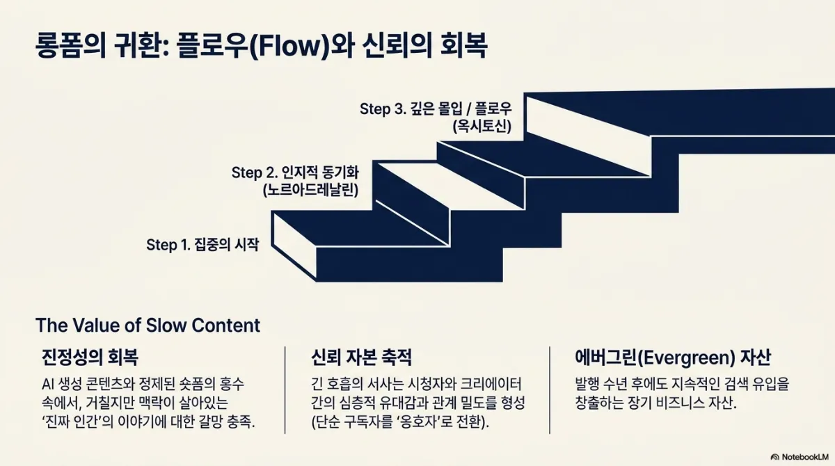 롱폼의 귀환 플로우(Flow)와 신뢰의 회복 슬라이드. 계단 그림으로 Step 1 집중의 시작 → Step 2 인지적 동기화(노르아드레날린) → Step 3 깊은 몰입/플로우(옥시토신). The Value of Slow Content는 진정성의 회복(AI 생성 콘텐츠와 정제된 숏폼의 홍수 속에서 거칠지만 맥락이 살아 있는 진짜 인간의 이야기에 대한 갈망 충족), 신뢰 자본 축적(긴 호흡의 서사가 시청자와 크리에이터 간의 유대감과 관계 밀도를 형성해 단순 구독자를 옹호자로 전환), 에버그린(Evergreen) 자산(발행 수년 후에도 검색 유입을 만드는 장기 비즈니스 자산)