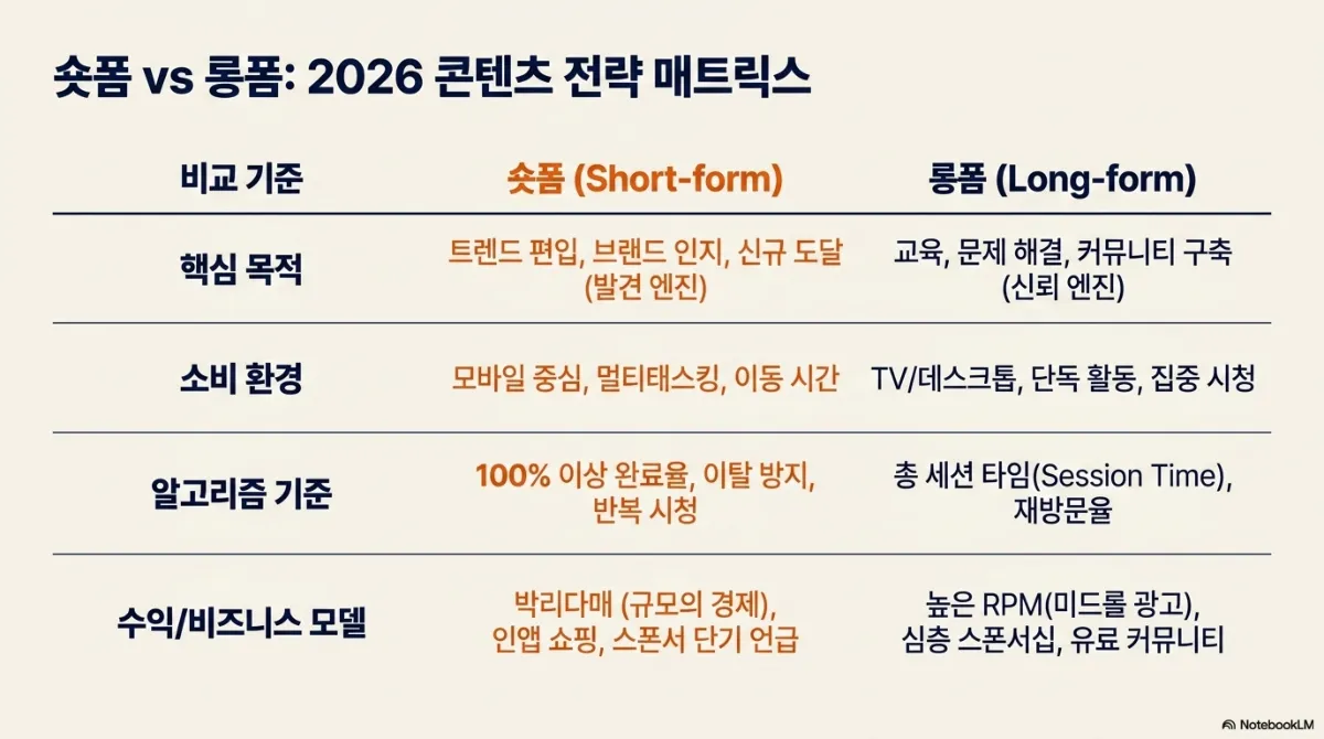 숏폼 vs 롱폼 2026 콘텐츠 전략 매트릭스 표. 핵심 목적은 숏폼이 트렌드 편입·브랜드 인지·신규 도달(발견 엔진), 롱폼이 교육·문제 해결·커뮤니티 구축(신뢰 엔진). 소비 환경은 숏폼이 모바일 중심·멀티태스킹·이동 시간, 롱폼이 TV/데스크톱·단독 활동·집중 시청. 알고리즘 기준은 숏폼이 100% 이상 완료율·이탈 방지·반복 시청, 롱폼이 총 세션 타임과 재방문율. 수익/비즈니스 모델은 숏폼이 박리다매(규모의 경제)·인앱 쇼핑·스폰서 단기 언급, 롱폼이 높은 RPM(미드롤 광고)·심층 스폰서십·유료 커뮤니티