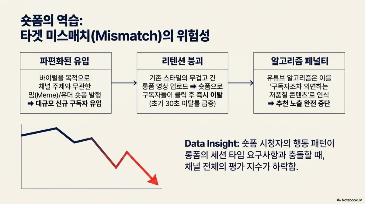 숏폼의 역습 타겟 미스매치(Mismatch)의 위험성 슬라이드. 파편화된 유입(바이럴을 목적으로 채널 주제와 무관한 밈·유머 숏폼 발행 → 대규모 신규 구독자 유입) → 리텐션 붕괴(기존 스타일의 무겁고 긴 롱폼 영상 업로드 → 숏폼으로 들어온 구독자들이 클릭 후 즉시 이탈, 초기 30초 이탈률 급증) → 알고리즘 페널티(유튜브 알고리즘이 이를 구독자조차 외면하는 저품질 콘텐츠로 인식 → 추천 노출 완전 중단). 아래 하락하는 선 그래프와 함께 Data Insight는 숏폼 시청자의 행동 패턴이 롱폼의 세션 타임 요구사항과 충돌할 때 채널 전체의 평가 지수가 하락한다는 것