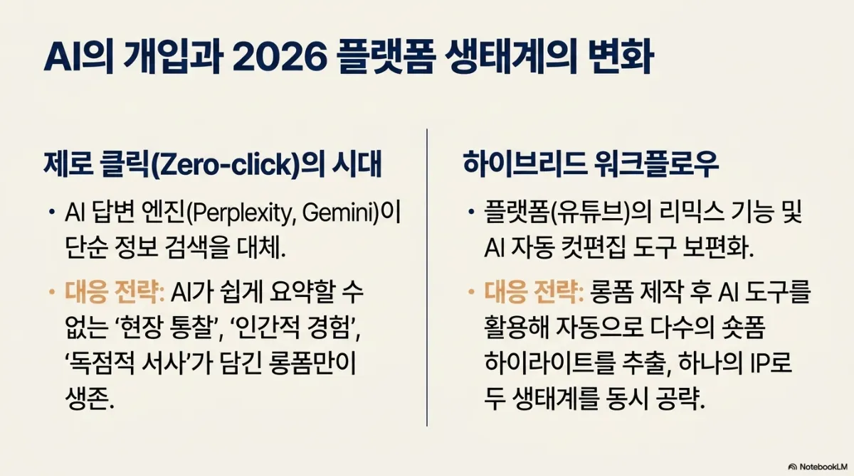 AI의 개입과 2026 플랫폼 생태계의 변화 슬라이드. 제로 클릭(Zero-click)의 시대는 AI 답변 엔진(Perplexity, Gemini)이 단순 정보 검색을 대체하며, 대응 전략은 AI가 쉽게 요약할 수 없는 현장 통찰·인간적 경험·독점적 서사가 담긴 롱폼만이 살아남는다는 것. 하이브리드 워크플로우는 플랫폼(유튜브)의 리믹스 기능 및 AI 자동 컷편집 도구 보편화이며, 대응 전략은 롱폼 제작 후 AI 도구를 활용해 자동으로 다수의 숏폼 하이라이트를 추출해 하나의 IP로 두 생태계를 동시에 공략하는 것