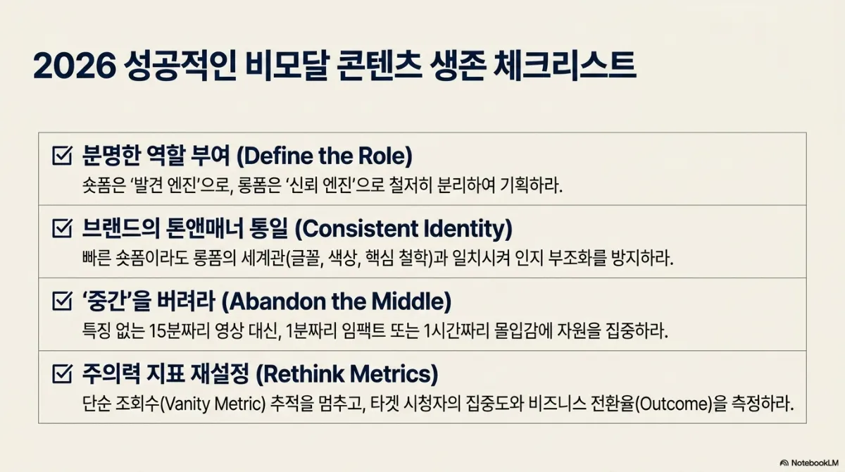 2026 비모달 콘텐츠 생존 체크리스트. 분명한 역할 부여(Define the Role)는 숏폼은 발견 엔진으로, 롱폼은 신뢰 엔진으로 분리하여 기획. 브랜드의 톤앤매너 통일(Consistent Identity)은 빠른 숏폼이라도 롱폼의 세계관(글꼴, 색상, 핵심 철학)과 일치시켜 인지 부조화를 방지. 중간을 버려라(Abandon the Middle)는 특징 없는 15분짜리 영상 대신 1분짜리 임팩트 또는 1시간짜리 몰입감에 자원을 집중. 주의력 지표 재설정(Rethink Metrics)은 단순 조회수(Vanity Metric) 추적을 멈추고 타깃 시청자의 집중도와 비즈니스 전환율(Outcome)을 측정