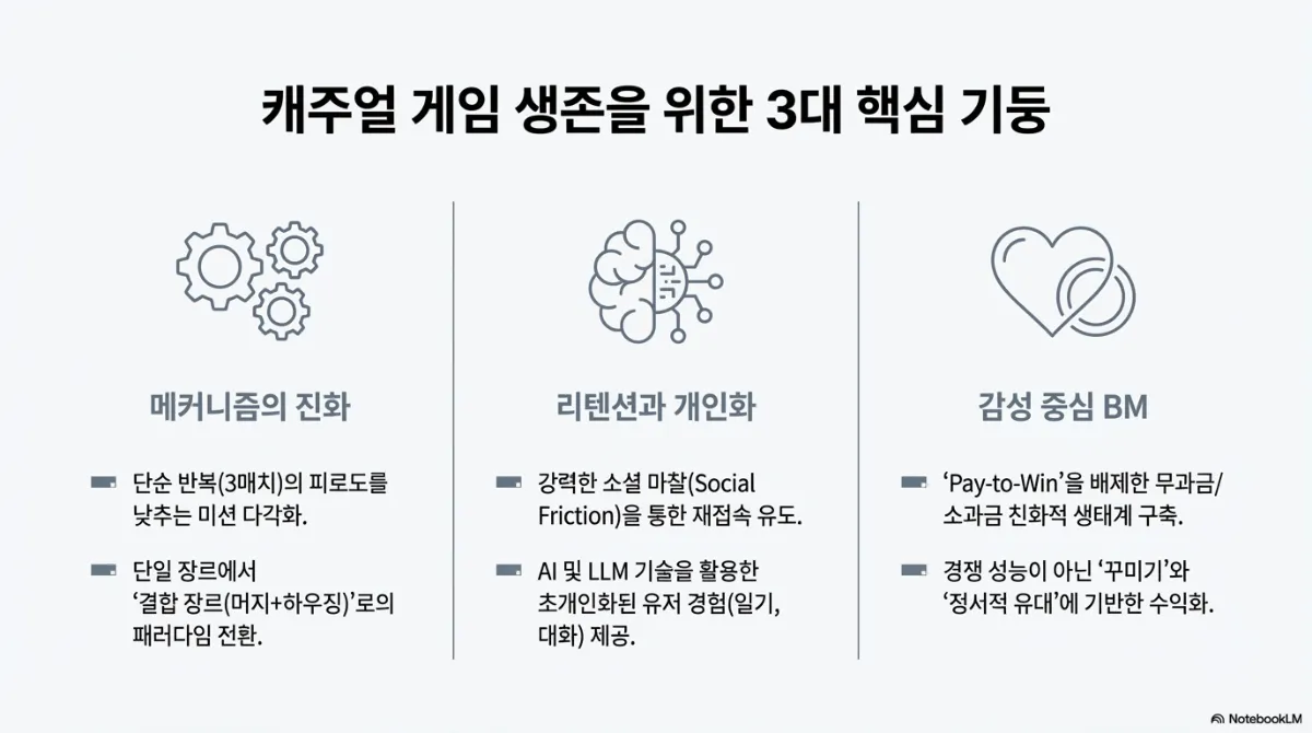 캐주얼 게임 생존을 위한 3대 핵심 기둥 슬라이드. 메커니즘의 진화(단순 반복 3매치의 피로도를 낮추는 미션 다각화, 단일 장르에서 머지+하우징 결합 장르로의 전환), 리텐션과 개인화(강력한 소셜 마찰을 통한 재접속 유도, AI·LLM 기술을 활용한 초개인화된 유저 경험), 감성 중심 BM(Pay-to-Win을 배제한 무과금·소과금 친화적 생태계, 경쟁 성능이 아닌 꾸미기와 정서적 유대에 기반한 수익화)