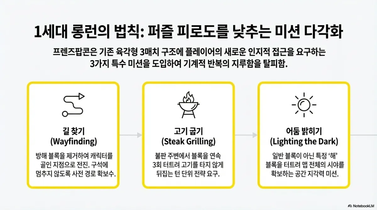 1세대 롱런의 법칙 슬라이드. 프렌즈팝콘이 육각형 3매치 구조에 세 가지 특수 미션을 도입한 내용. 길 찾기(방해 블록을 제거해 캐릭터를 골인 지점으로 전진시키며 사전 경로 확보), 고기 굽기(불판 주변에서 블록을 연속 3회 터뜨려 고기를 타지 않게 뒤집는 턴 단위 전략), 어둠 밝히기(특정 해 블록을 터뜨려 맵 전체의 시야를 확보하는 공간 지각력 미션)
