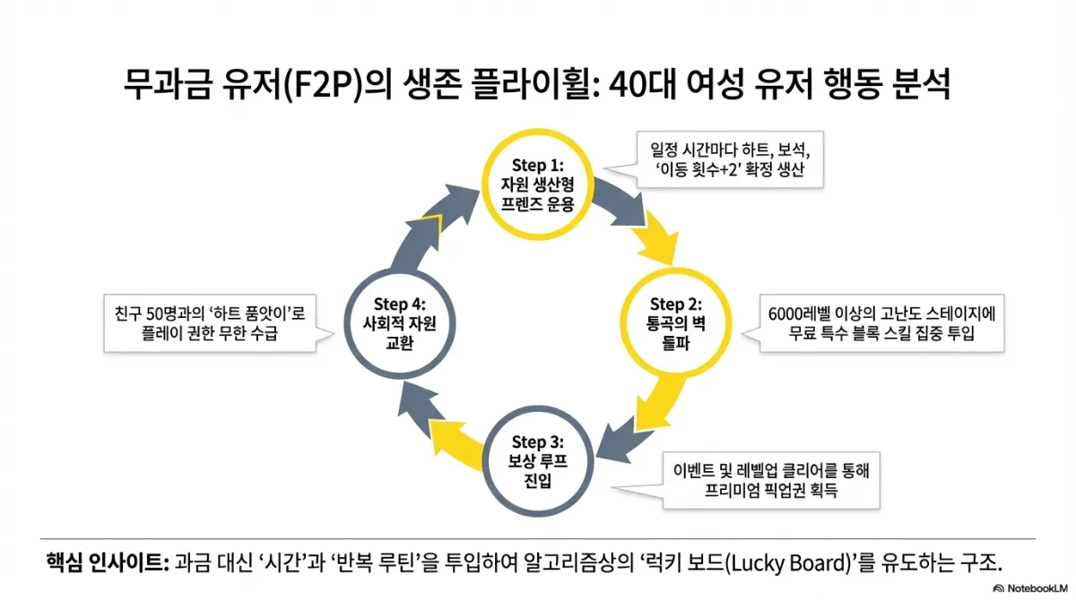 무과금 유저의 생존 플라이휠 슬라이드. Step 1 자원 생산형 프렌즈 운용(일정 시간마다 하트·보석·이동 횟수+2 확정 생산) → Step 2 통곡의 벽 돌파(6000레벨 이상 고난도 스테이지에 무료 특수 블록 스킬 집중 투입) → Step 3 보상 루프 진입(이벤트와 레벨업 클리어를 통해 프리미엄 픽업권 획득) → Step 4 사회적 자원 교환(친구 50명과의 하트 품앗이로 플레이 권한 무한 수급). 핵심 인사이트는 과금 대신 시간과 반복 루틴을 투입해 유리한 보드를 유도하는 구조