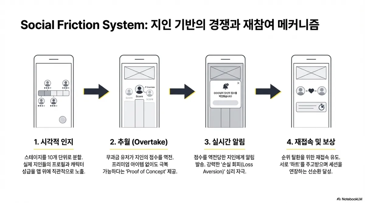 소셜 마찰 시스템 슬라이드. 1 시각적 인지(스테이지를 10개 단위로 분할하고 실제 지인들의 프로필과 캐릭터 성급을 맵 위에 직관적으로 노출) → 2 추월(무과금 유저가 지인의 점수를 역전, 프리미엄 아이템 없이도 극복 가능하다는 증명 제공) → 3 실시간 알림(점수를 역전당한 지인에게 알림 발송, 손실 회피 심리 자극) → 4 재접속 및 보상(순위 탈환을 위한 재접속 유도, 서로 하트를 주고받으며 세션을 연장하는 선순환)