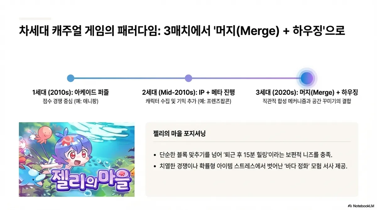차세대 캐주얼 게임의 패러다임 슬라이드. 1세대 2010년대 아케이드 퍼즐(점수 경쟁 중심), 2세대 2010년대 중반 IP + 메타 진행(캐릭터 수집과 기믹 추가), 3세대 2020년대 머지 + 하우징(직관적 합성 메커니즘과 공간 꾸미기의 결합)으로 이어지는 타임라인. 아래에 젤리의 마을 포지셔닝 — 단순한 블록 맞추기를 넘어 퇴근 후 15분 힐링이라는 니즈를 충족하고, 치열한 경쟁이나 확률형 아이템 스트레스에서 벗어난 바다 정화 모험 서사 제공