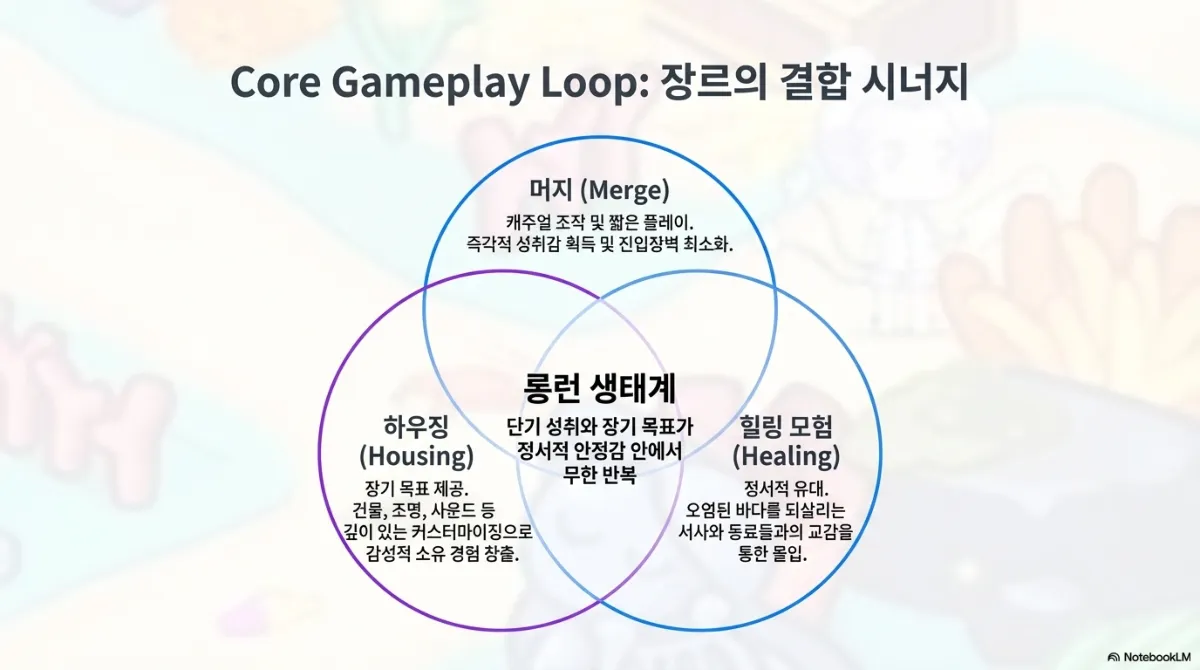 코어 게임플레이 루프 슬라이드. 머지(캐주얼 조작과 짧은 플레이, 즉각적 성취감과 진입장벽 최소화), 하우징(건물·조명·사운드 등 깊이 있는 커스터마이징으로 장기 목표와 감성적 소유 경험), 힐링 모험(오염된 바다를 되살리는 서사와 동료들과의 교감을 통한 정서적 유대)이 겹치는 가운데가 롱런 생태계 — 단기 성취와 장기 목표가 정서적 안정감 안에서 무한 반복된다는 설명