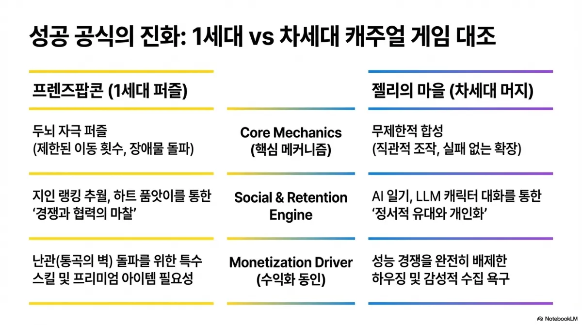 성공 공식의 진화 슬라이드. 왼쪽 프렌즈팝콘(1세대 퍼즐)과 오른쪽 젤리의 마을(차세대 머지) 대조. 코어 메커니즘은 두뇌 자극 퍼즐(제한된 이동 횟수, 장애물 돌파) 대 무제한적 합성(직관적 조작, 실패 없는 확장). 소셜·리텐션 엔진은 지인 랭킹 추월과 하트 품앗이를 통한 경쟁과 협력의 마찰 대 AI 일기와 LLM 캐릭터 대화를 통한 정서적 유대와 개인화. 수익화 동인은 난관 돌파를 위한 특수 스킬과 프리미엄 아이템 대 성능 경쟁을 배제한 하우징과 감성적 수집 욕구