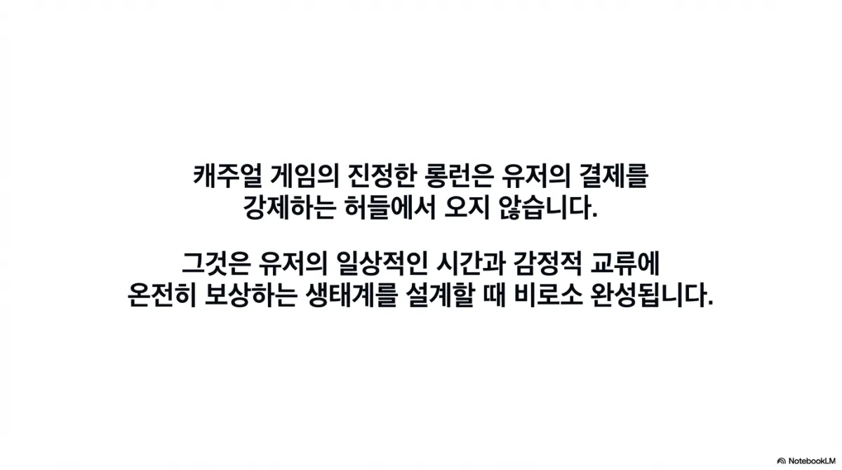마무리 슬라이드. 캐주얼 게임의 진정한 롱런은 유저의 결제를 강제하는 허들에서 오지 않으며, 유저의 일상적인 시간과 감정적 교류에 온전히 보상하는 생태계를 설계할 때 비로소 완성된다는 문구