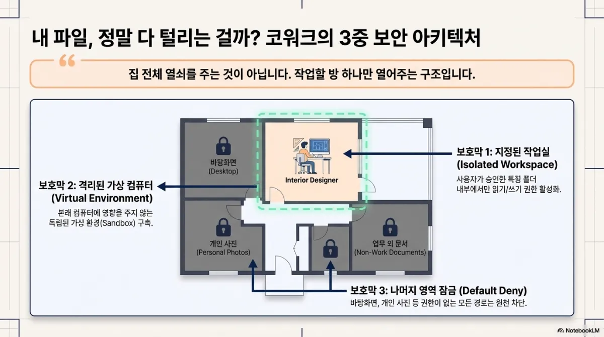 코워크의 3중 보안 아키텍처 도식. 집 평면도 그림으로 집 전체 열쇠를 주는 것이 아니라 작업할 방 하나만 열어주는 구조라는 설명. 보호막 1 지정된 작업실(Isolated Workspace) — 사용자가 승인한 특정 폴더 내부에서만 읽기/쓰기 권한 활성화. 보호막 2 격리된 가상 컴퓨터(Virtual Environment) — 본래 컴퓨터에 영향을 주지 않는 독립된 가상 환경(Sandbox) 구축. 보호막 3 나머지 영역 잠금(Default Deny) — 바탕화면, 개인 사진 등 권한이 없는 모든 경로는 원천 차단
