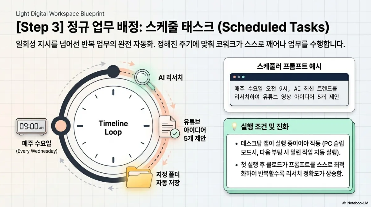 Step 3 정규 업무 배정 스케줄 태스크 슬라이드. 일회성 지시를 넘어선 반복 업무의 완전 자동화로, 정해진 주기에 맞춰 스스로 깨어나 업무를 수행한다는 설명. 매주 수요일 오전 9시에 AI 최신 트렌드를 리서치하여 유튜브 영상 아이디어 5개를 제안하는 스케줄러 프롬프트 예시와, AI 리서치 → 아이디어 제안 → 지정 폴더 자동 저장으로 이어지는 타임라인 루프. 실행 조건으로 데스크탑 앱이 실행 중이어야 작동하며 슬립 모드 시 다음 부팅 때 밀린 작업이 자동 실행되고, 첫 실행 후 프롬프트를 스스로 최적화해 반복할수록 정확도가 상승한다는 설명