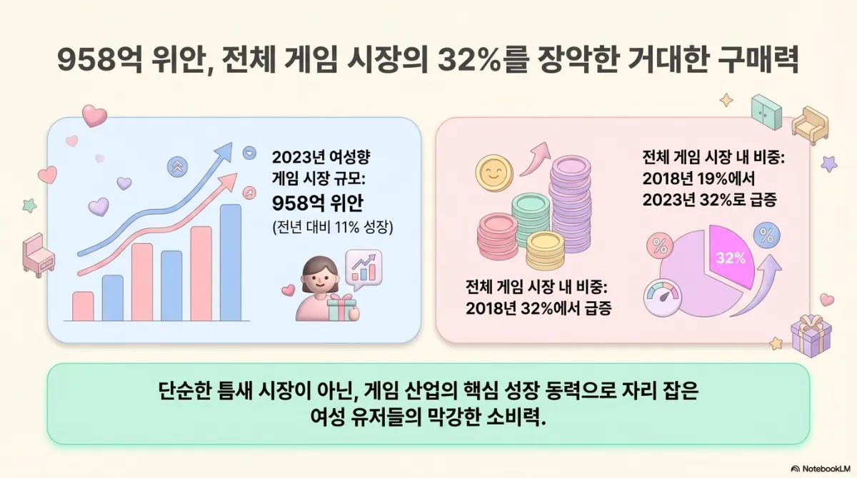 여성향 게임 시장 규모 슬라이드. 2023년 여성향 게임 시장 규모는 958억 위안으로 전년 대비 11% 성장했고, 전체 게임 시장 내 비중은 2018년 19%에서 2023년 32%로 급증했다는 막대·원 그래프. 아래 결론은 단순한 틈새 시장이 아닌 게임 산업의 핵심 성장 동력으로 자리 잡은 여성 유저들의 막강한 소비력이라는 것