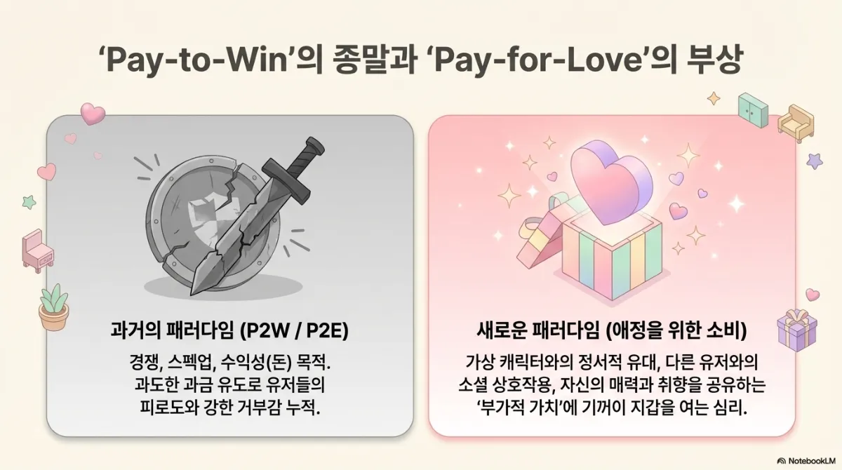 Pay-to-Win의 종말과 Pay-for-Love의 부상 슬라이드. 과거의 패러다임(P2W/P2E)은 부서진 방패와 검 그림과 함께 경쟁·스펙업·수익성(돈)이 목적이며 과도한 과금 유도로 유저들의 피로도와 강한 거부감이 누적되었다는 설명. 새로운 패러다임(애정을 위한 소비)은 하트가 담긴 선물상자 그림과 함께 가상 캐릭터와의 정서적 유대, 다른 유저와의 소셜 상호작용, 자신의 매력과 취향을 공유하는 부가적 가치에 기꺼이 지갑을 여는 심리라는 설명