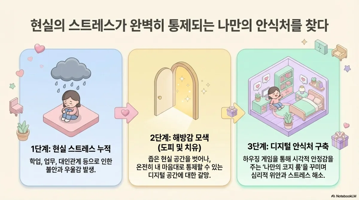 현실의 스트레스가 완벽히 통제되는 나만의 안식처를 찾는 3단계 도식. 1단계 현실 스트레스 누적(학업·업무·대인관계 등으로 인한 불안과 우울감 발생) → 2단계 해방감 모색(좁은 현실 공간을 벗어나 온전히 내 마음대로 통제할 수 있는 디지털 공간에 대한 갈망) → 3단계 디지털 안식처 구축(하우징 게임을 통해 시각적 안정감을 주는 나만의 코지 룸을 꾸미며 심리적 위안과 스트레스 해소)