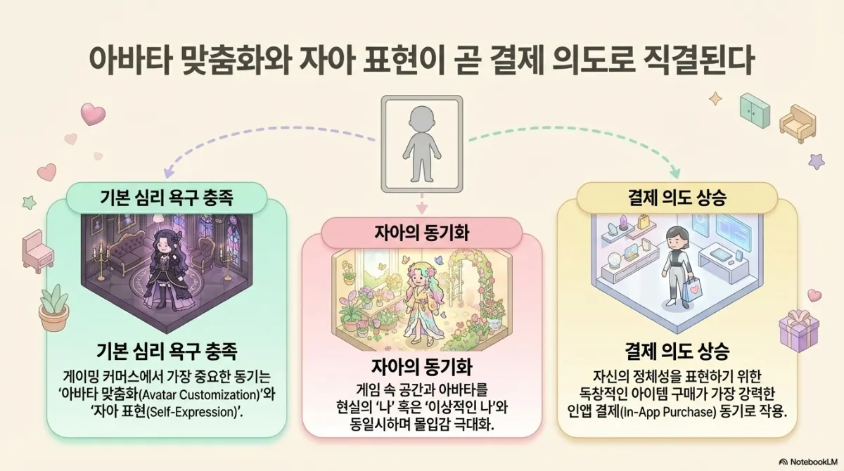 아바타 맞춤화와 자아 표현이 결제 의도로 직결된다는 슬라이드. 기본 심리 욕구 충족 — 게이밍 커머스에서 가장 중요한 동기는 아바타 맞춤화(Avatar Customization)와 자아 표현(Self-Expression). 자아의 동기화 — 게임 속 공간과 아바타를 현실의 나 혹은 이상적인 나와 동일시하며 몰입감 극대화. 결제 의도 상승 — 자신의 정체성을 표현하기 위한 독창적인 아이템 구매가 가장 강력한 인앱 결제 동기로 작용