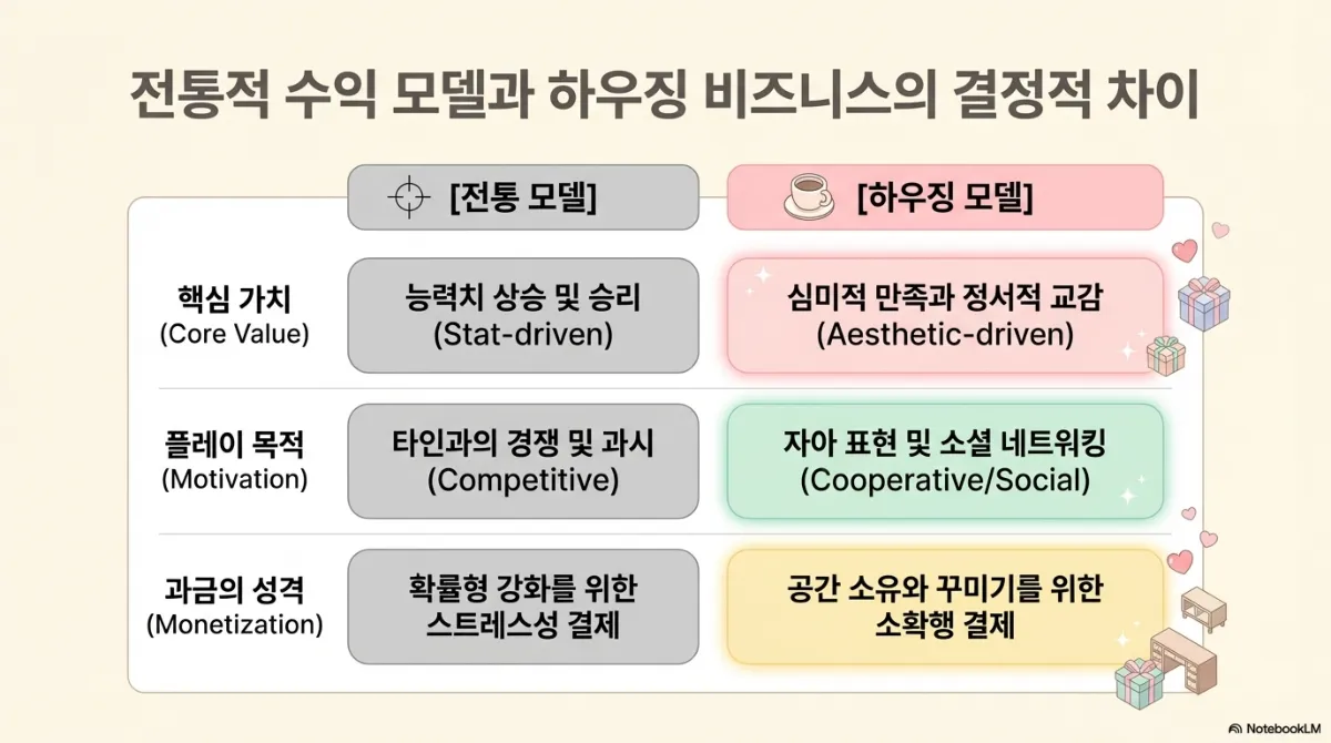 전통적 수익 모델과 하우징 비즈니스의 결정적 차이 표. 핵심 가치는 전통 모델이 능력치 상승 및 승리(Stat-driven)인 반면 하우징 모델은 심미적 만족과 정서적 교감(Aesthetic-driven). 플레이 목적은 전통 모델이 타인과의 경쟁 및 과시(Competitive)인 반면 하우징 모델은 자아 표현 및 소셜 네트워킹(Cooperative/Social). 과금의 성격은 전통 모델이 확률형 강화를 위한 스트레스성 결제인 반면 하우징 모델은 공간 소유와 꾸미기를 위한 소확행 결제