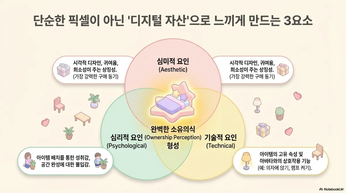 단순한 픽셀이 아닌 디지털 자산으로 느끼게 만드는 3요소 벤 다이어그램. 심미적 요인(Aesthetic) — 시각적 디자인, 귀여움, 희소성이 주는 상징성으로 가장 강력한 구매 동기. 심리적 요인(Psychological) — 아이템 배치를 통한 성취감, 공간 완성에 대한 몰입감. 기술적 요인(Technical) — 아이템의 고유 속성 및 아바타와의 상호작용 기능(예: 의자에 앉기, 램프 켜기). 세 요인이 겹치는 가운데에서 완벽한 소유의식(Ownership Perception)이 형성된다