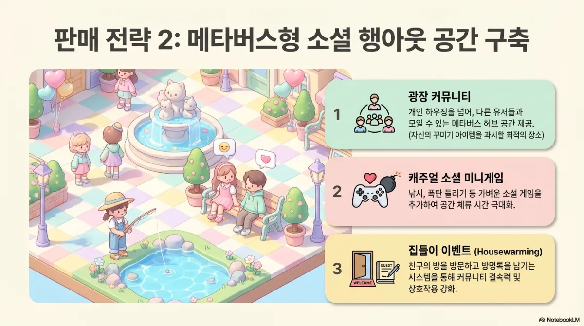 판매 전략 2 메타버스형 소셜 행아웃 공간 구축. 1 광장 커뮤니티 — 개인 하우징을 넘어 다른 유저들과 모일 수 있는 메타버스 허브 공간 제공(자신의 꾸미기 아이템을 과시할 최적의 장소). 2 캐주얼 소셜 미니게임 — 낚시, 폭탄 돌리기 등 가벼운 소셜 게임을 추가해 공간 체류 시간 극대화. 3 집들이 이벤트(Housewarming) — 친구의 방을 방문하고 방명록을 남기는 시스템을 통해 커뮤니티 결속력 및 상호작용 강화. 왼쪽에 분수대와 유저들이 모인 파스텔톤 광장 일러스트
