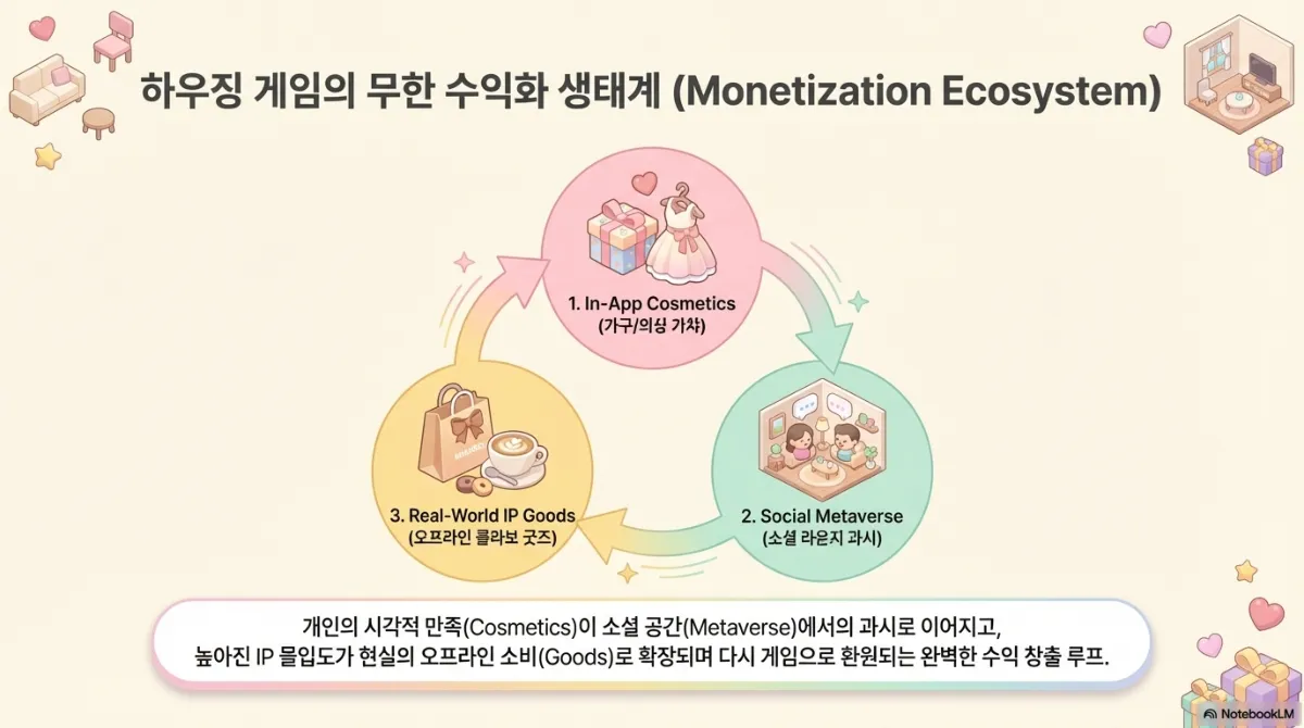 하우징 게임의 무한 수익화 생태계 도식. 1 In-App Cosmetics(가구·의상 가챠) → 2 Social Metaverse(소셜 라운지 과시) → 3 Real-World IP Goods(오프라인 콜라보 굿즈) → 다시 1번으로 순환. 아래 설명은 개인의 시각적 만족(Cosmetics)이 소셜 공간(Metaverse)에서의 과시로 이어지고, 높아진 IP 몰입도가 현실의 오프라인 소비(Goods)로 확장되며 다시 게임으로 환원되는 수익 창출 루프라는 것