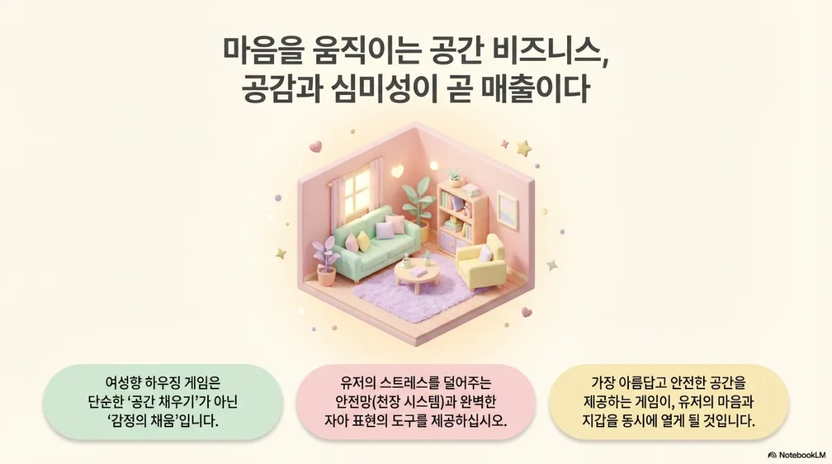 마무리 슬라이드. 마음을 움직이는 공간 비즈니스, 공감과 심미성이 곧 매출이라는 제목과 파스텔톤 거실 일러스트. 아래 세 가지 정리 — 여성향 하우징 게임은 단순한 공간 채우기가 아닌 감정의 채움이다, 유저의 스트레스를 덜어주는 안전망(천장 시스템)과 완벽한 자아 표현의 도구를 제공하라, 가장 아름답고 안전한 공간을 제공하는 게임이 유저의 마음과 지갑을 동시에 열게 될 것이다