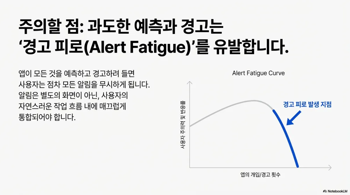 주의할 점 과도한 예측과 경고는 경고 피로를 유발한다는 슬라이드. 앱이 모든 것을 예측하고 경고하려 들면 사용자는 점차 모든 알림을 무시하게 되며, 알림은 별도의 화면이 아닌 사용자의 자연스러운 작업 흐름 내에 매끄럽게 통합되어야 한다는 설명. 오른쪽 그래프는 앱의 개입·경고 횟수가 늘수록 사용자 신뢰·이용률이 상승하다가 경고 피로 발생 지점을 지나면 급격히 하락하는 곡선