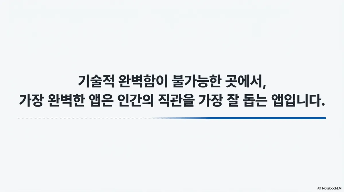 마무리 슬라이드. 기술적 완벽함이 불가능한 곳에서 가장 완벽한 앱은 인간의 직관을 가장 잘 돕는 앱이라는 결론