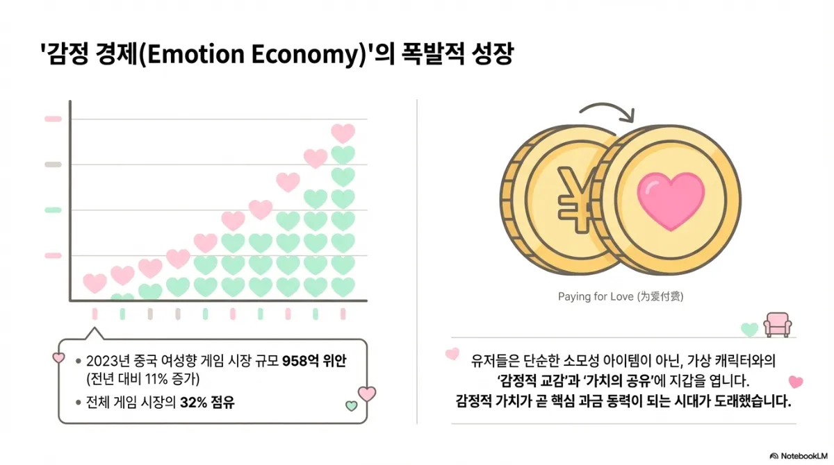 감정 경제(Emotion Economy)의 성장 슬라이드. 하트 모양으로 쌓인 막대그래프와 함께 2023년 중국 여성향 게임 시장 규모 958억 위안(전년 대비 11% 증가), 전체 게임 시장의 32% 점유라는 수치. 오른쪽에는 엔화 동전이 하트 동전으로 바뀌는 그림과 Paying for Love 라는 문구, 그리고 유저들이 단순한 소모성 아이템이 아닌 가상 캐릭터와의 감정적 교감과 가치의 공유에 지갑을 열며 감정적 가치가 곧 핵심 과금 동력이 되는 시대가 도래했다는 설명