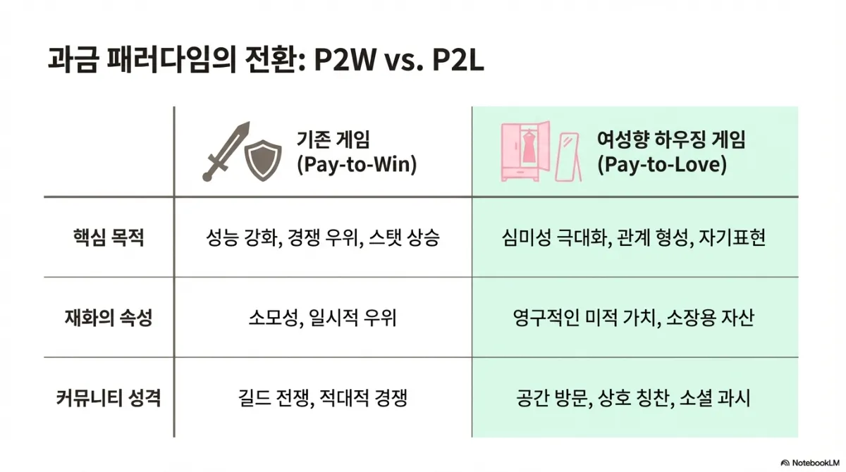과금 패러다임의 전환 P2W 대 P2L 비교표. 핵심 목적은 기존 게임이 성능 강화·경쟁 우위·스탯 상승인 반면 여성향 하우징 게임은 심미성 극대화·관계 형성·자기표현. 재화의 속성은 소모성·일시적 우위 대 영구적인 미적 가치·소장용 자산. 커뮤니티 성격은 길드 전쟁·적대적 경쟁 대 공간 방문·상호 칭찬·소셜 과시