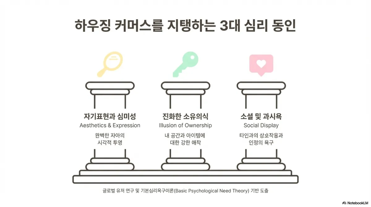 하우징 커머스를 지탱하는 3대 심리 동인 기둥 도식. 자기표현과 심미성(Aesthetics & Expression) — 완벽한 자아의 시각적 투영. 진화한 소유의식(Illusion of Ownership) — 내 공간과 아이템에 대한 강한 애착. 소셜 및 과시욕(Social Display) — 타인과의 상호작용과 인정의 욕구. 아래에 글로벌 유저 연구 및 기본심리욕구이론(Basic Psychological Need Theory) 기반 도출이라는 주석