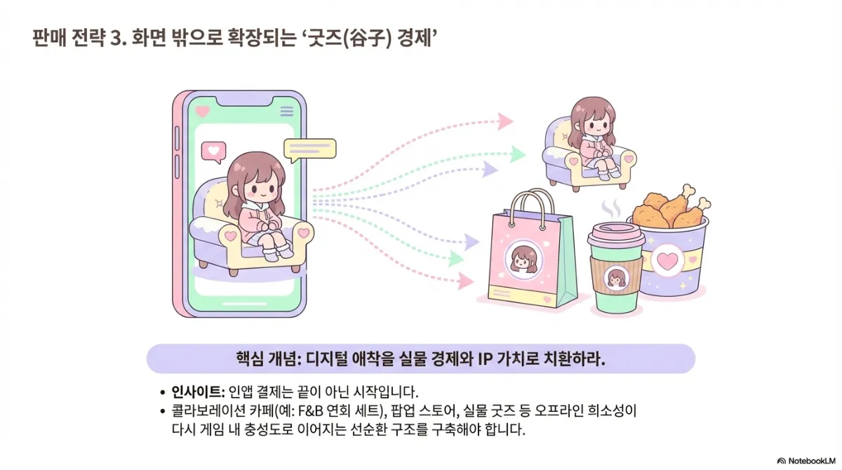 판매 전략 3 굿즈 경제 슬라이드. 휴대폰 화면 속 캐릭터가 밖으로 나와 쇼핑백, 커피, 치킨 세트 등 실물 상품이 되는 그림. 핵심 개념은 디지털 애착을 실물 경제와 IP 가치로 치환하라는 것. 인사이트는 인앱 결제가 끝이 아닌 시작이며, 콜라보레이션 카페와 팝업 스토어, 실물 굿즈 등 오프라인 희소성이 다시 게임 내 충성도로 이어지는 선순환 구조를 구축해야 한다는 것